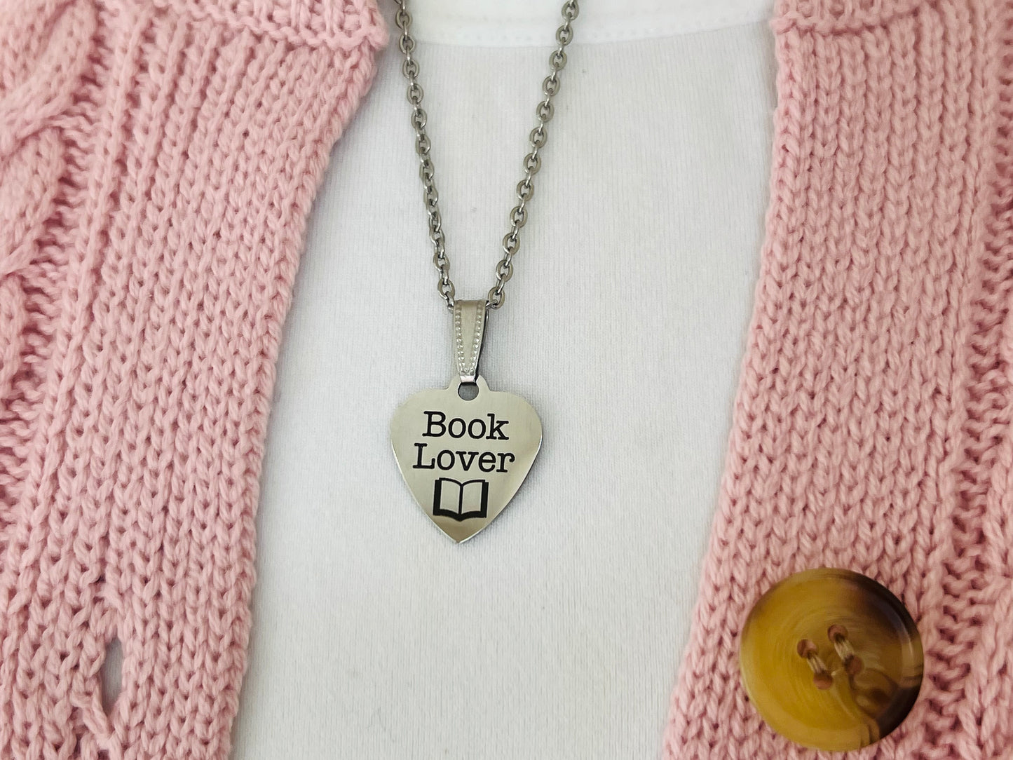 Book Lover Silver Pendant, Stainless Steel