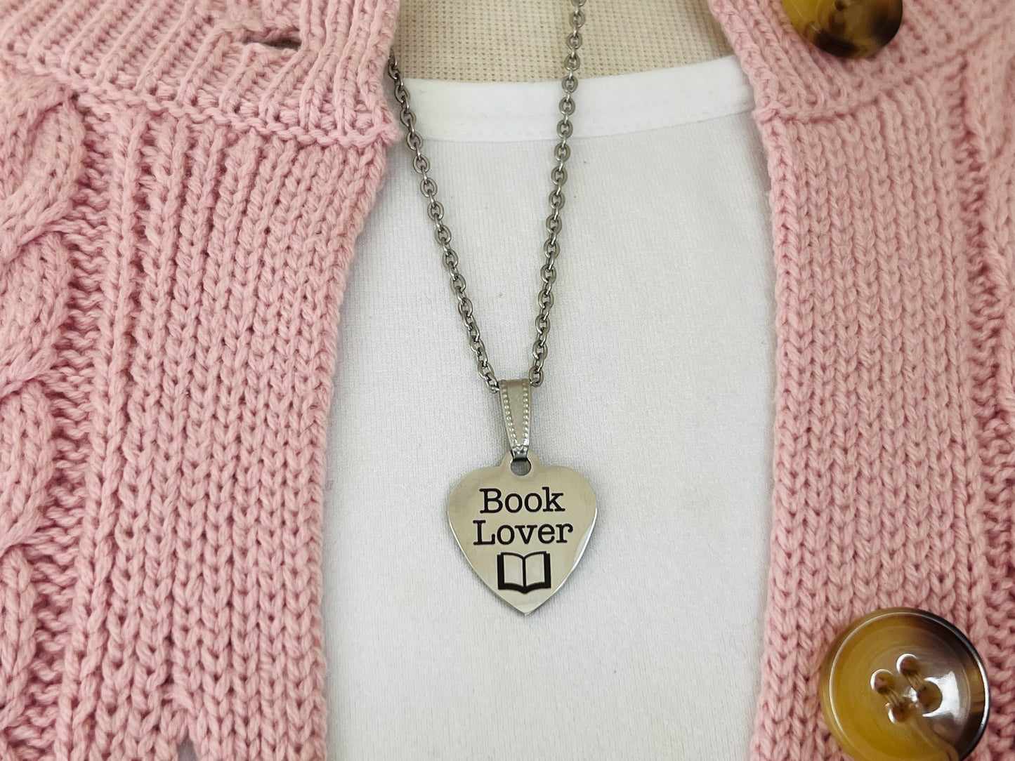 Book Lover Silver Pendant, Stainless Steel