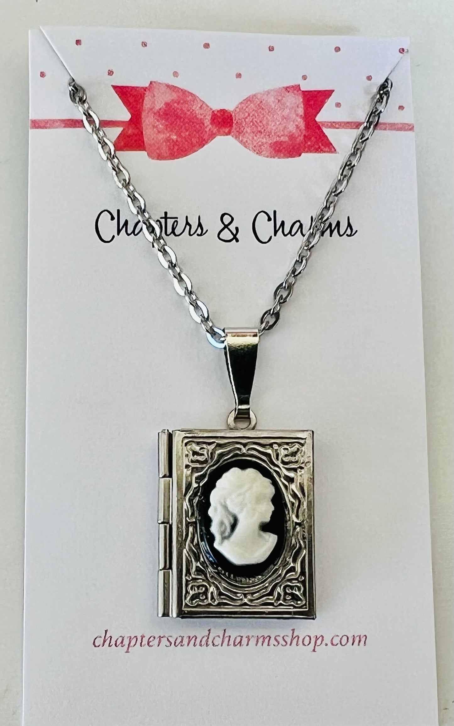 Silver Book Cameo Locket pendant necklace