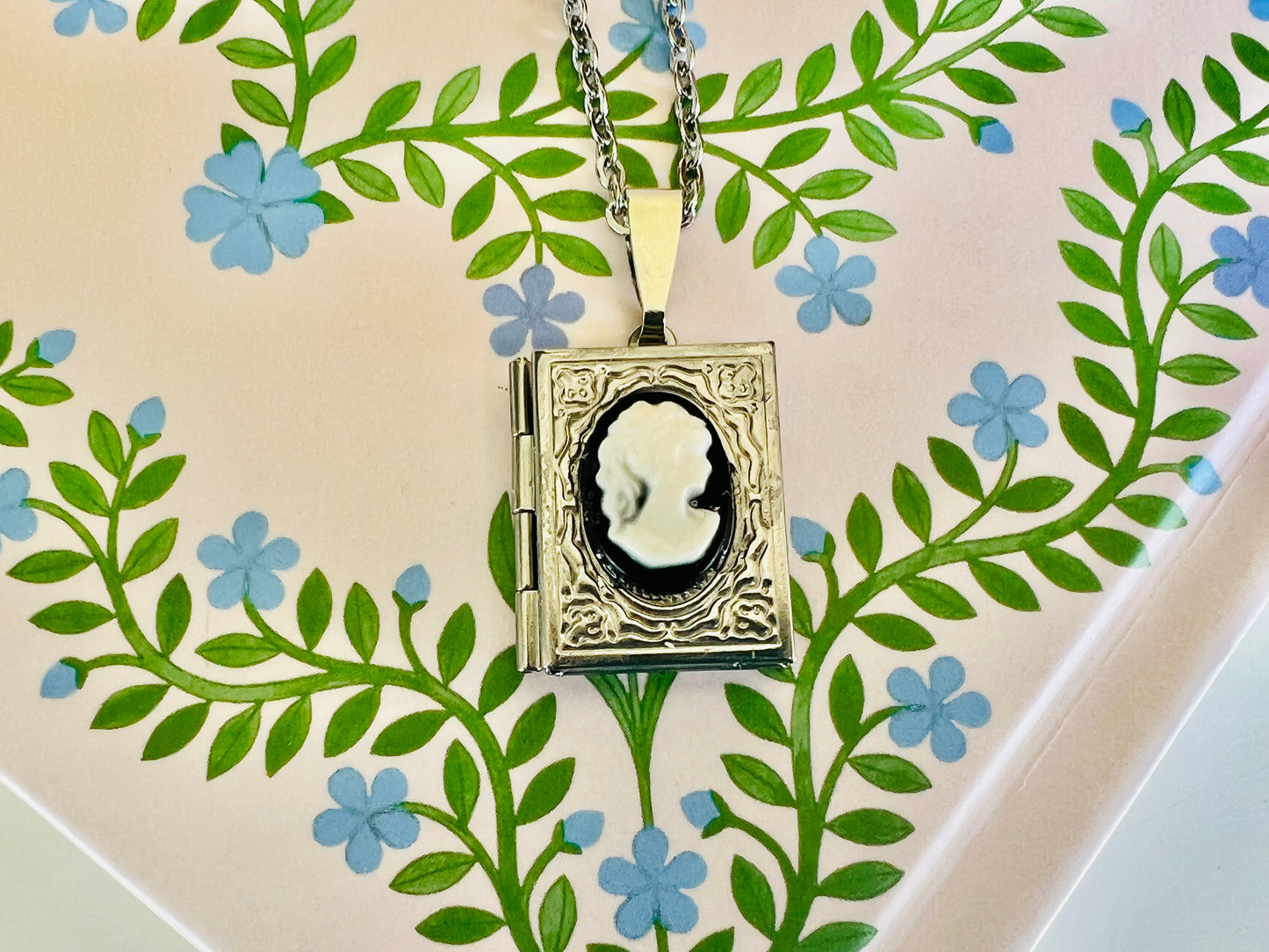 Silver Book Cameo Locket pendant necklace