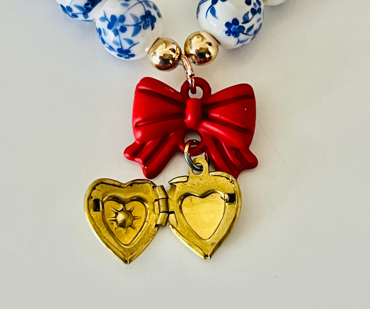 Blue and White Chinoiserie Vintage Heart Locket Bracelet