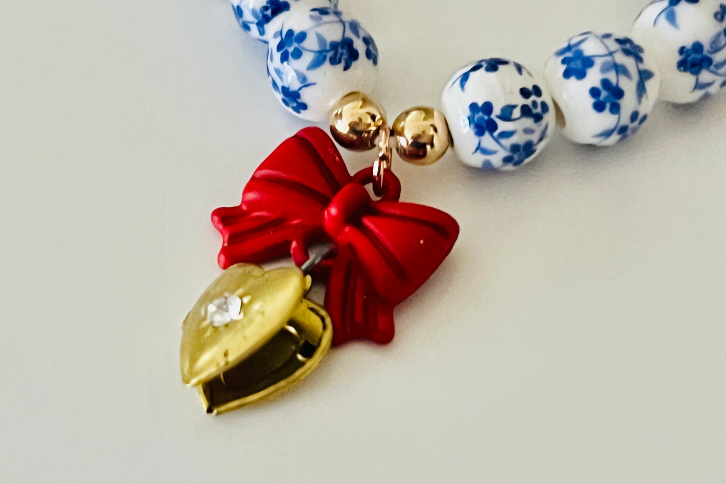Blue and White Chinoiserie Vintage Heart Locket Bracelet