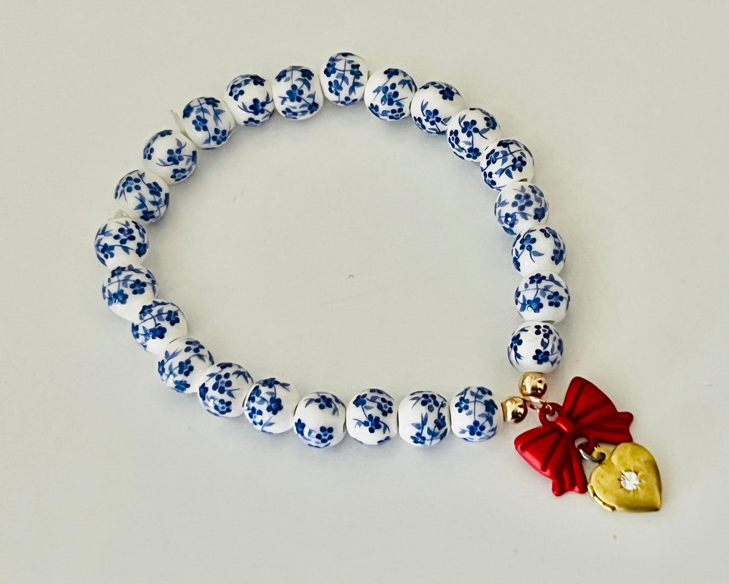 Blue and White Chinoiserie Vintage Heart Locket Bracelet