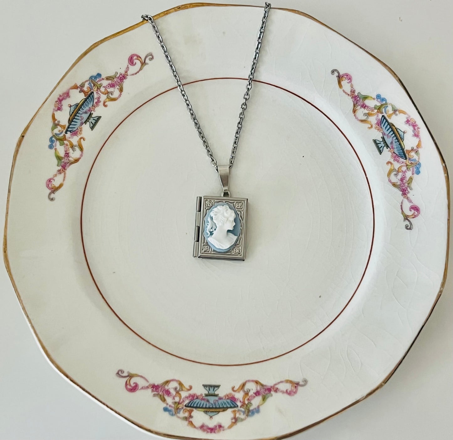 Blue White Cameo Book Locket Necklace