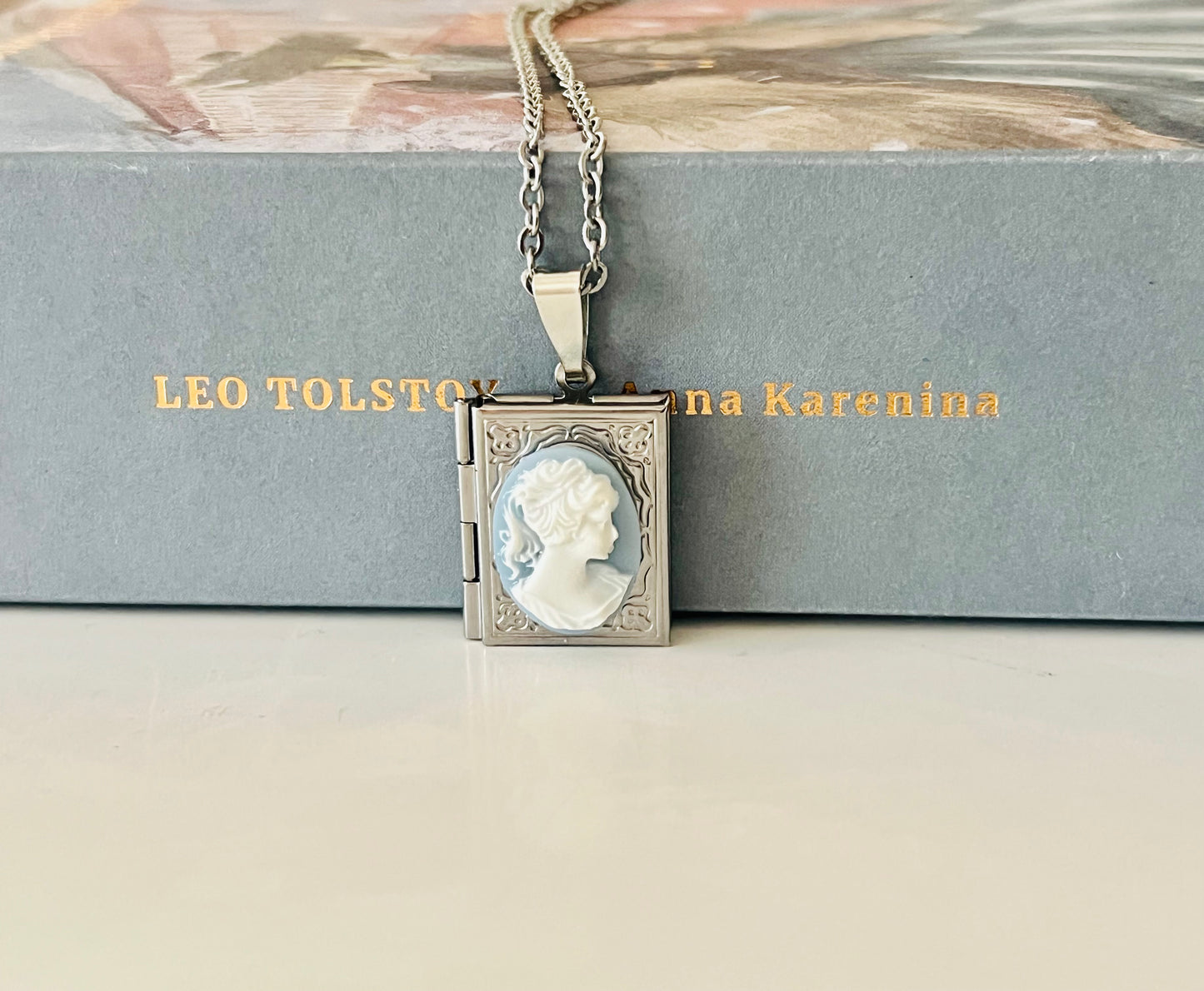 Blue White Cameo Book Locket Necklace