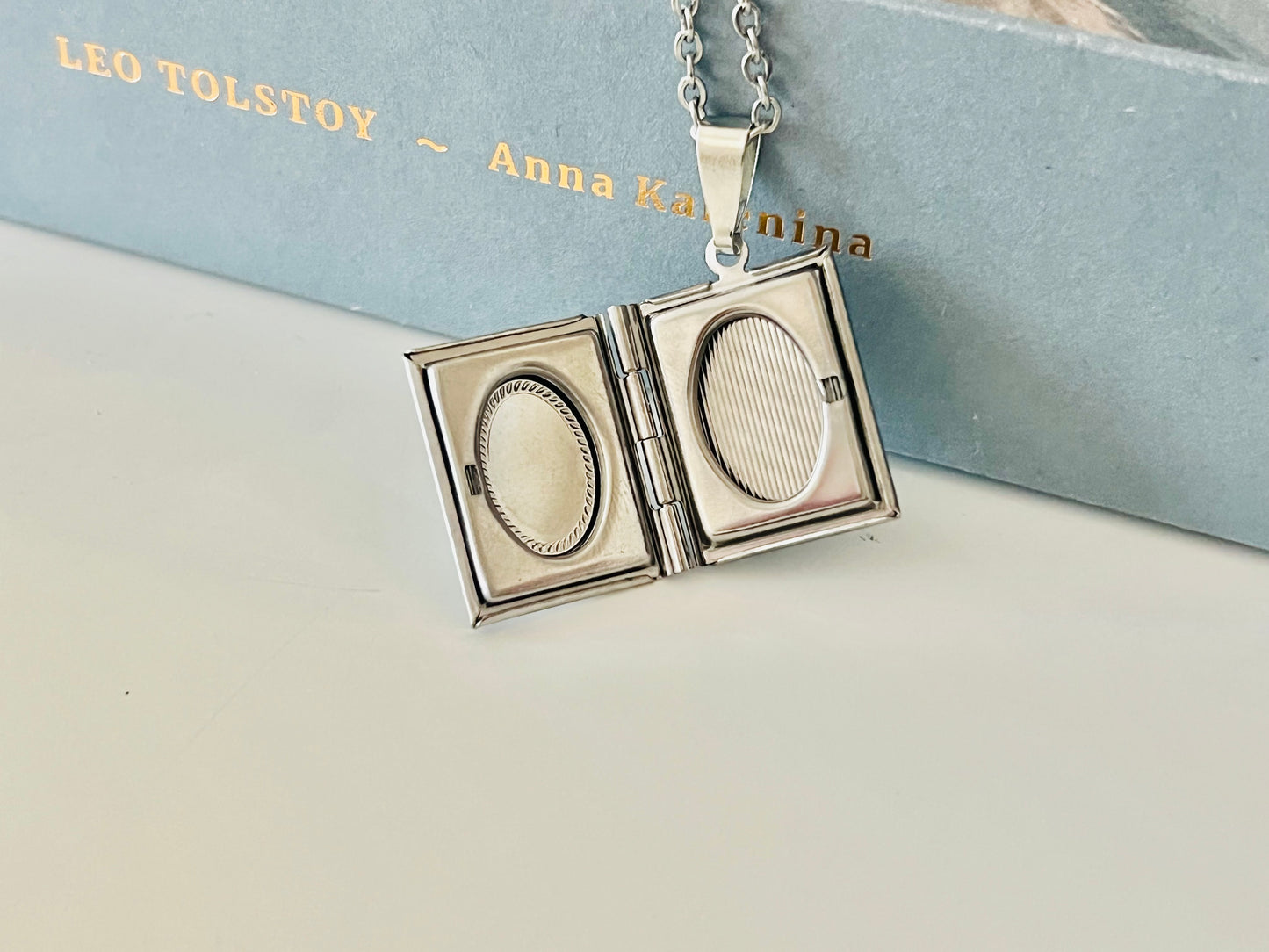 Blue White Cameo Book Locket Necklace