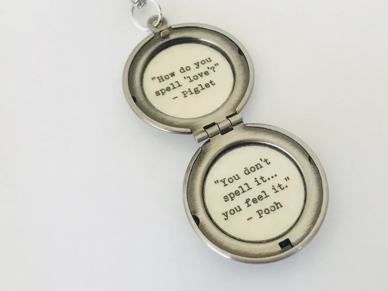 Pooh Locket, How do you spell love? Quote locket, Pooh and piglet necklace