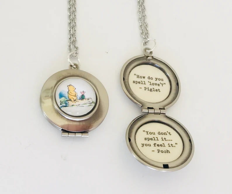 Pooh Locket, How do you spell love? Quote locket, Pooh and piglet necklace