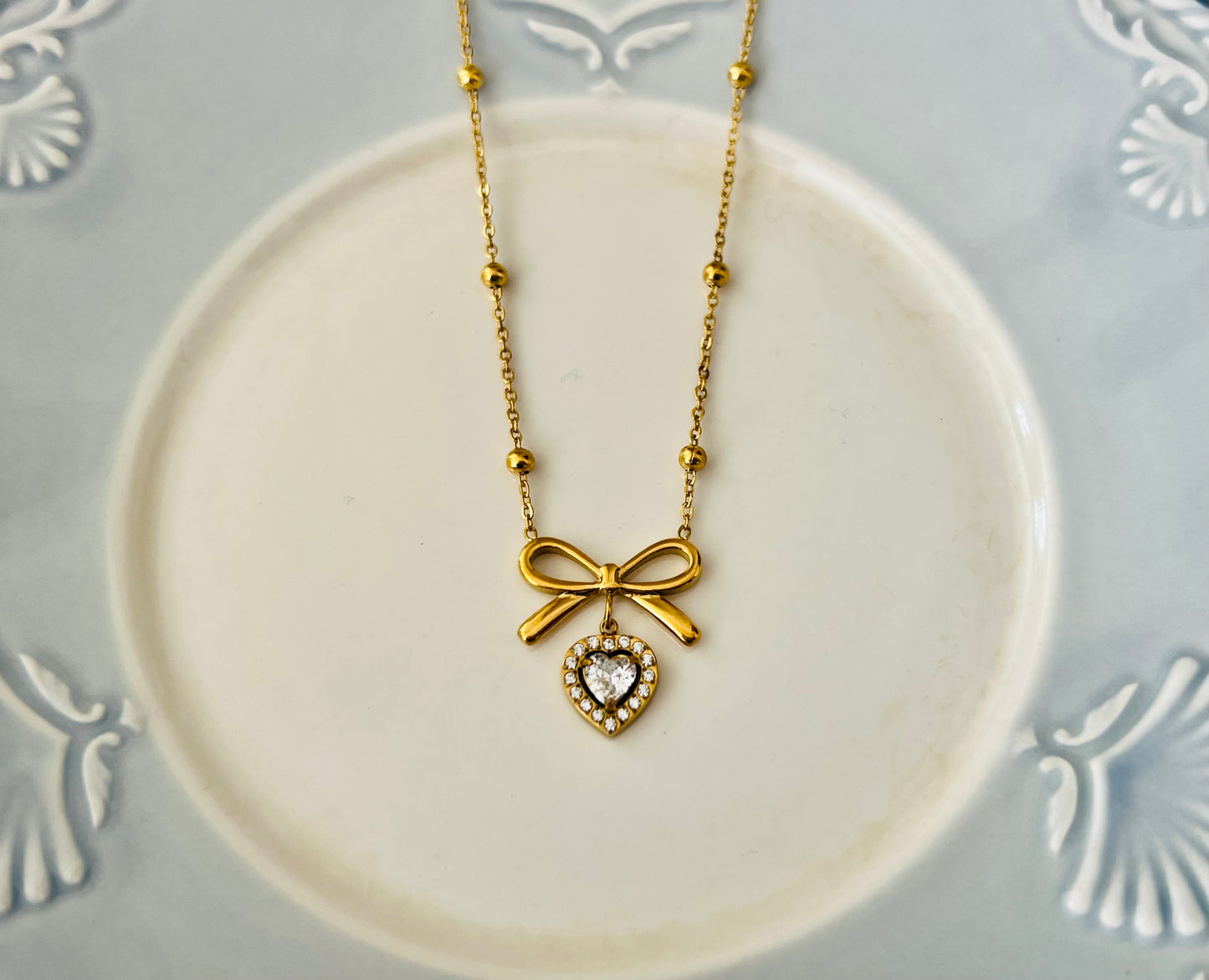 Gold Bow Ribbon Heart Dangle Pendant Necklace