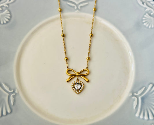 Gold Bow Ribbon Heart Dangle Pendant Necklace