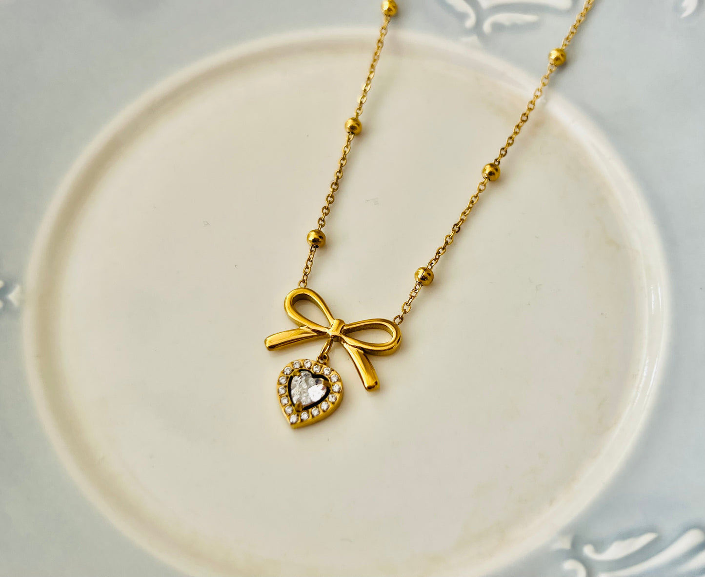 Gold Bow Ribbon Heart Dangle Pendant Necklace