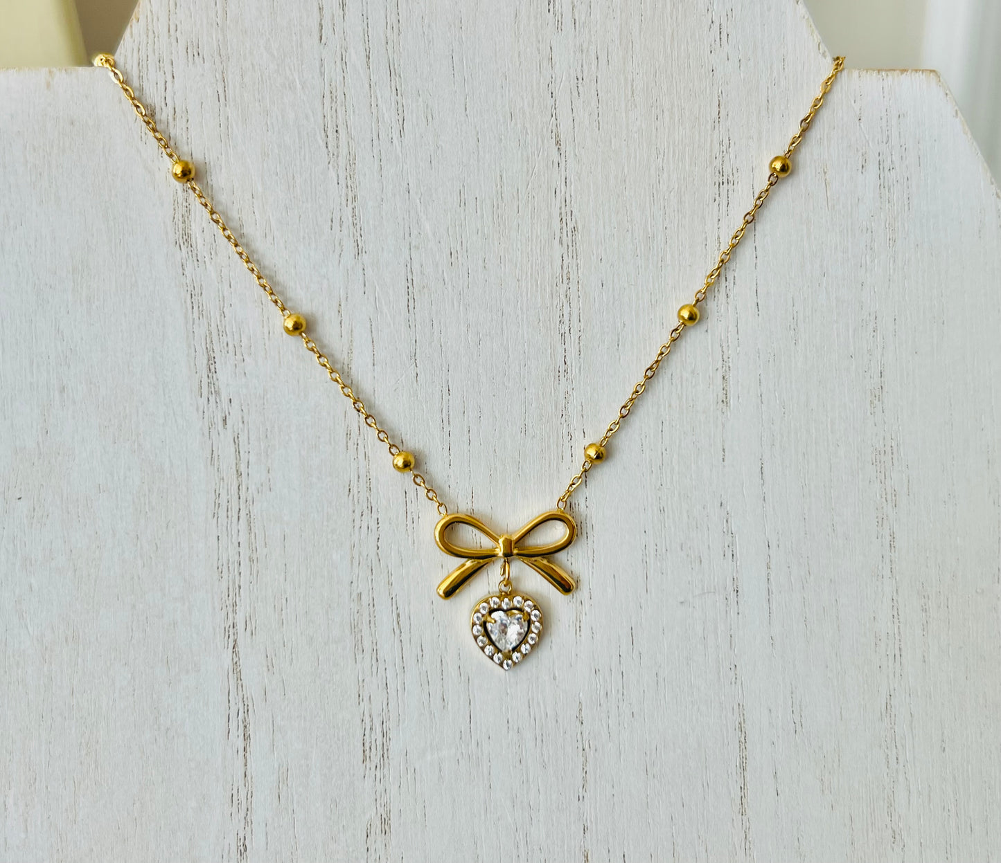 Gold Bow Ribbon Heart Dangle Pendant Necklace