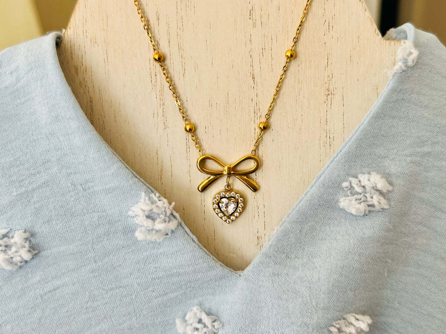 Gold Bow Ribbon Heart Dangle Pendant Necklace